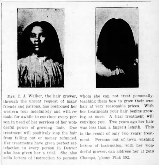 Early ad by Madam C.J. Walker for hair growing treatment in Denver newspaper, 1906 - 