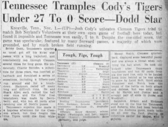Tennessee tramples Cody's Tigers under 27 to 0 score - 