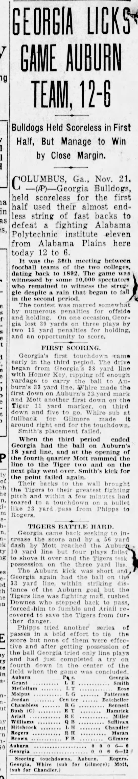 Georgia licks game Auburn team, 12–6 - 