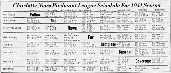 1941 Piedmont League schedule - 