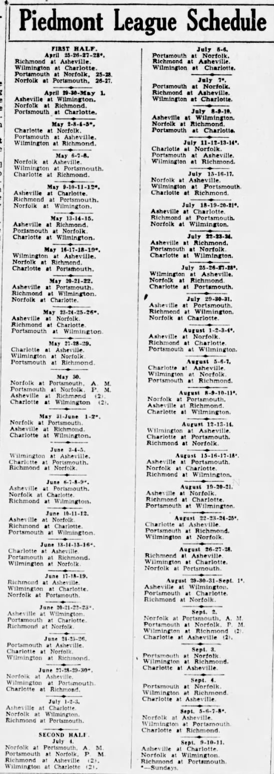 1935 Piedmont League schedule - 