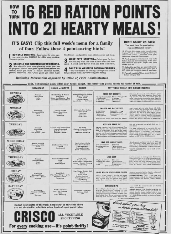 "How to turn 16 red ration points into 21 hearty meals" (including liver loaf), 1943 - 