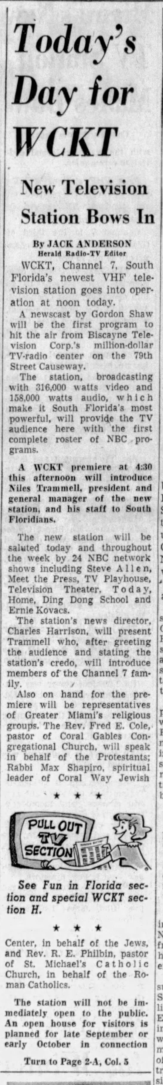 Today's Day for WCKT: New Television Station Bows In - 
