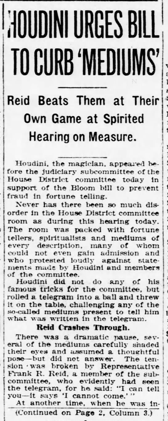 February 1926 hearing for Houdini's bill - 