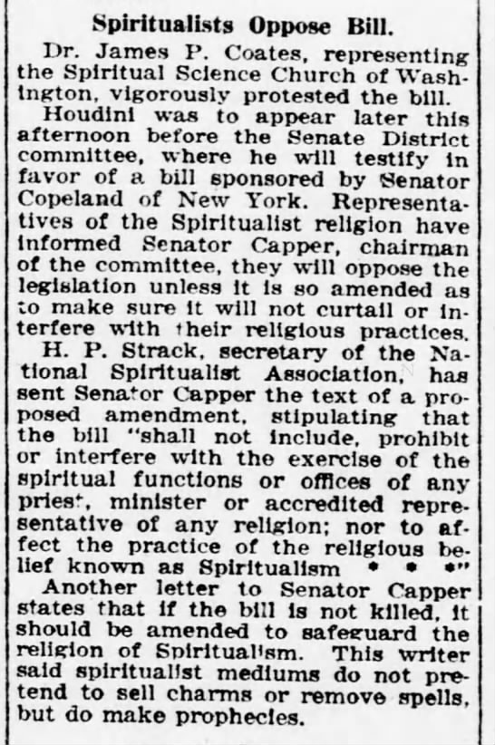 Spiritualists oppose Houdini's bill on grounds of religious freedom - 