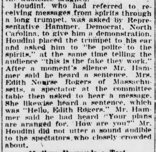 Houdini demonstrates how to use a "spirit trumpet" during the 1926 hearings - 