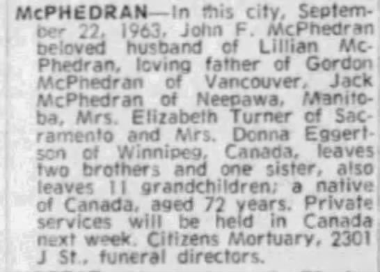 Obituary: John F. McPHEDRAN (Aged 72) - 