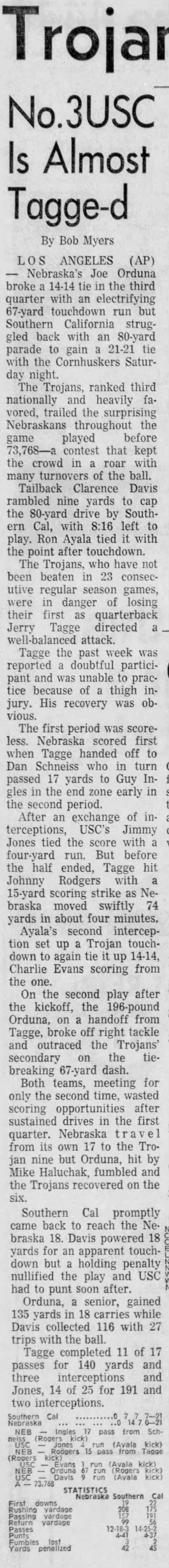 1970 Nebraska-USC, AP story - 