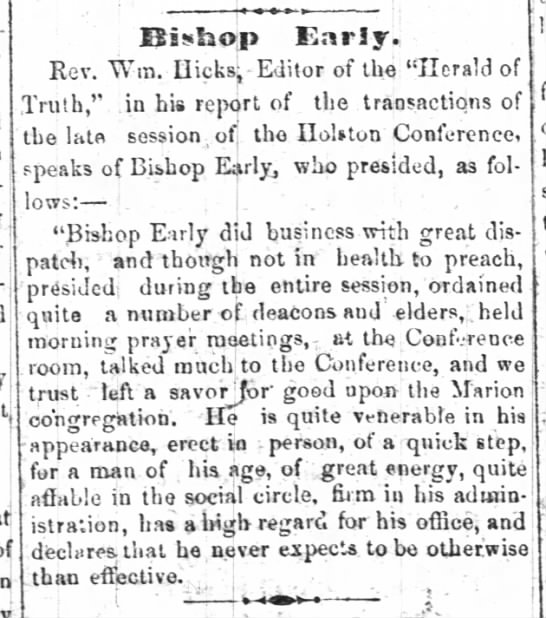 Bishop John Early (1786-1873) in lingering ill health following May 1857 death of his wife. - 