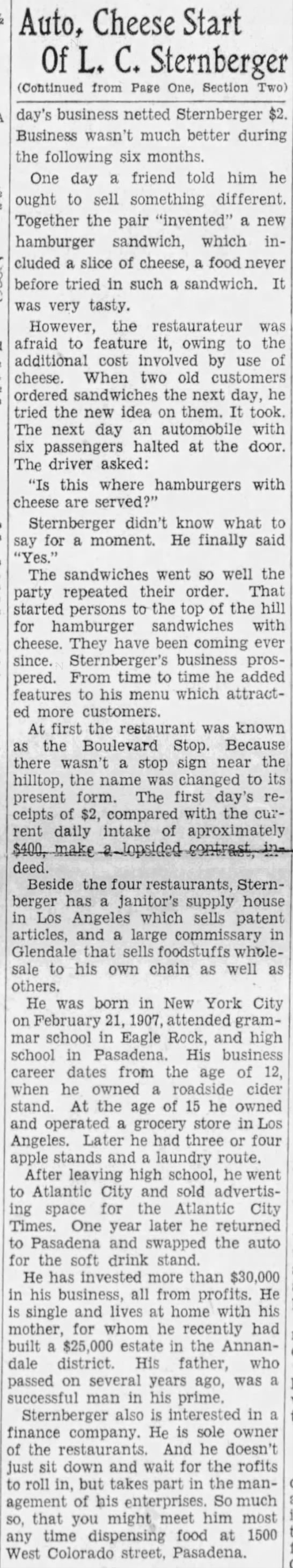 Rite Spot & Lionel Sternberger & Cheeseburgers (1931). - 