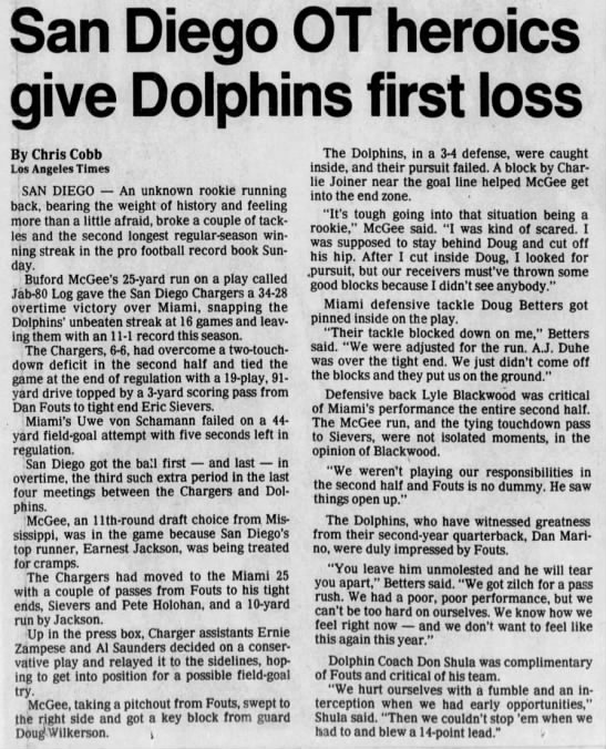 Chargers 34-28 Dolphins, 19 Nov 1984 - 