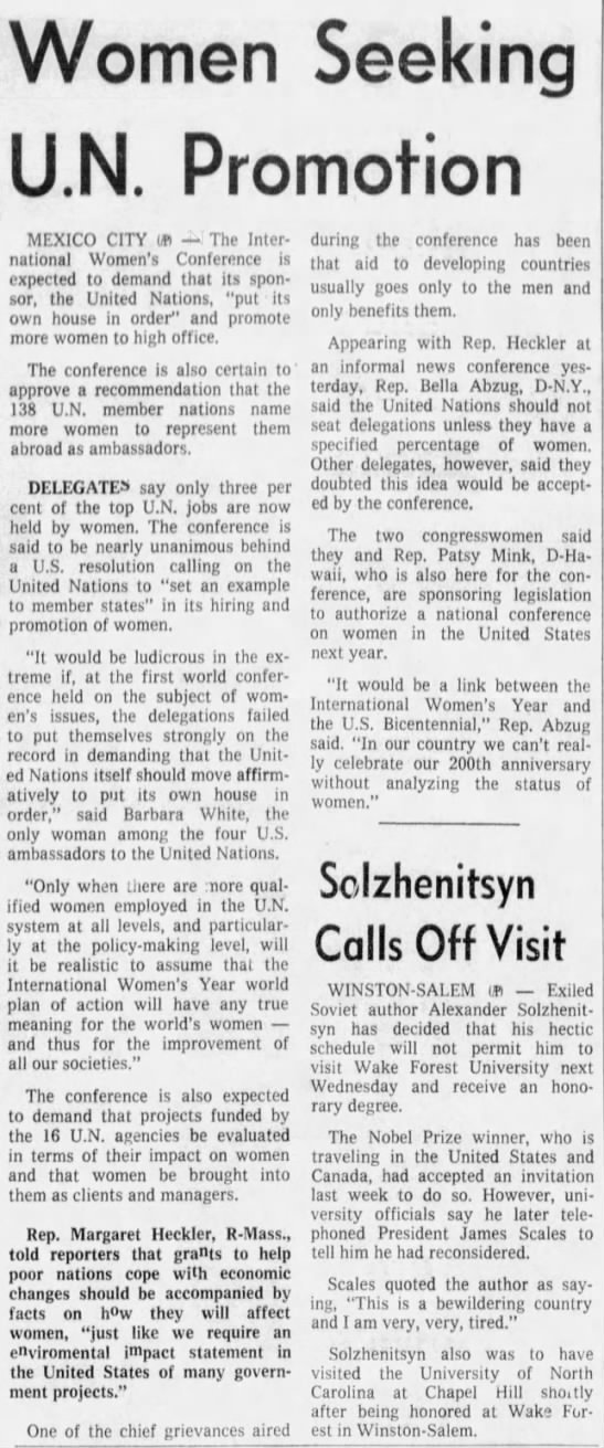 Women Seeking UN Promotion. (30 June 1975) Charlotte, North Carolina: The Charlotte News. p 5A - 