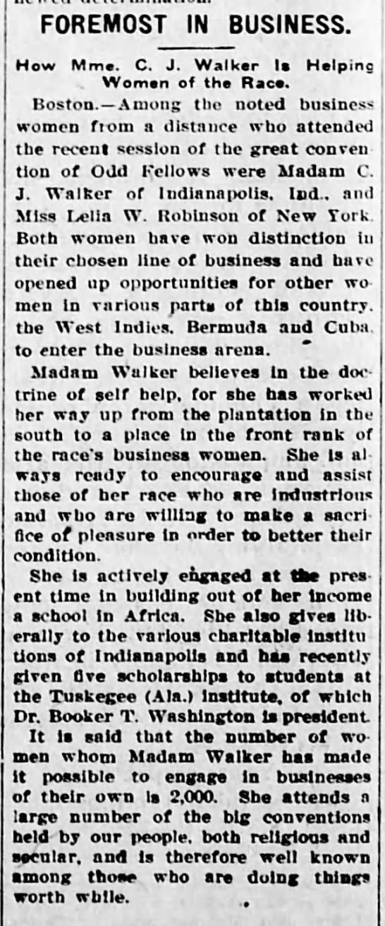 Article about Madam C.J. Walker's philanthropy & support of Black women in business - 