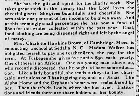Excerpt from an article about Madam C.J. Walker's philanthropy, 1915 - 