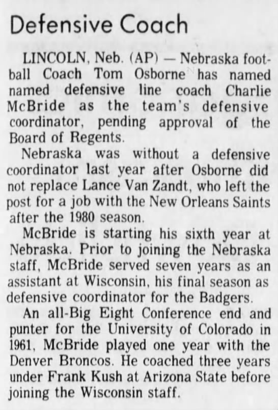 1982 McBride named defensive coordinator - 