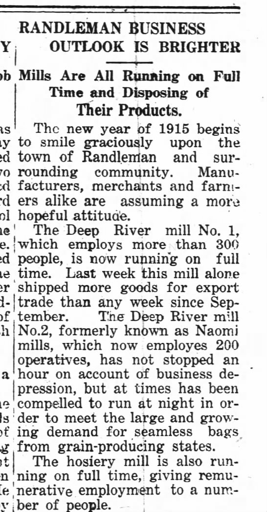 Deep River Mills in Randleman, NC, 1915 - 