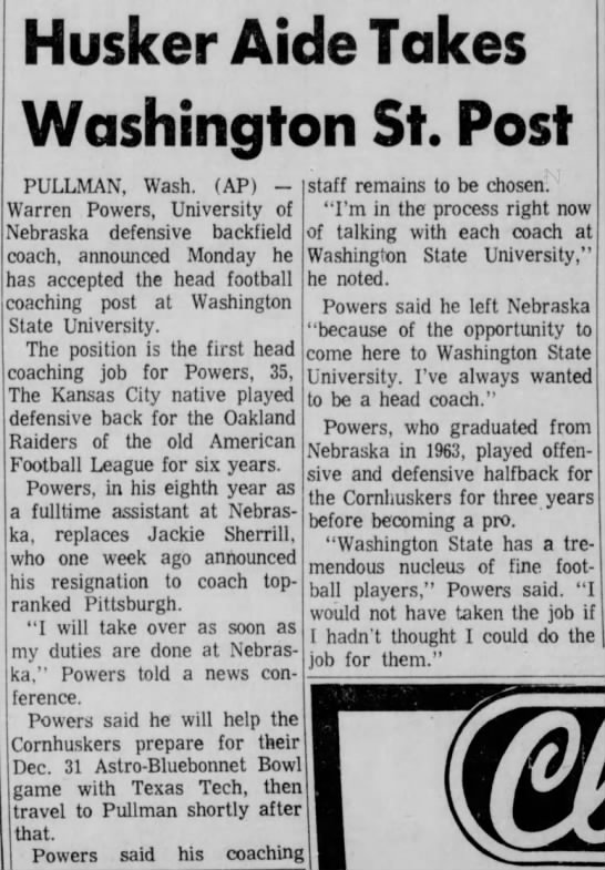 1976 Warren Powers to Washington State - 