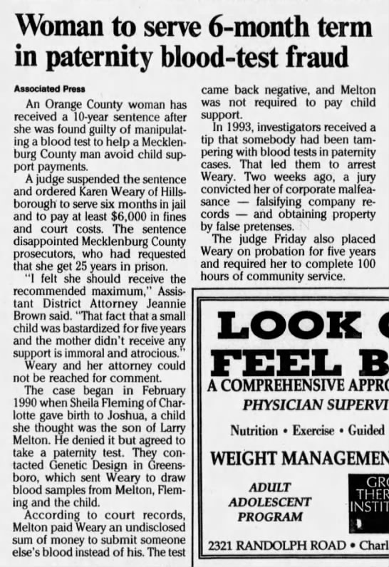 Woman to serve 6-month term in paternity blood-test fraud (Charlotte Observer 7/2/1995) - 