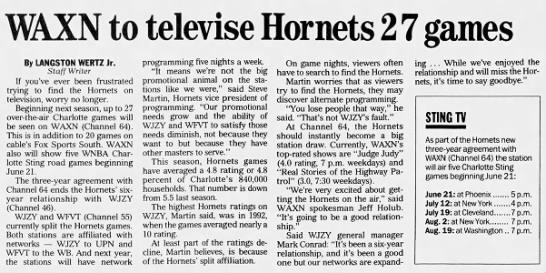 WAXN to televise Hornets 27 games - 