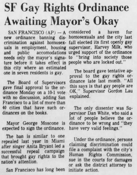 SF Gay Rights Ordinance Awaiting Mayor's Okay - 