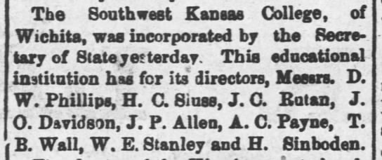 Southwest Kansas College Incorporated, Nine Member Board Named - 