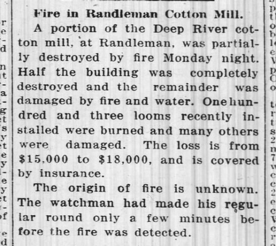 Fire in Randleman Cotton Mill, 1914 - 