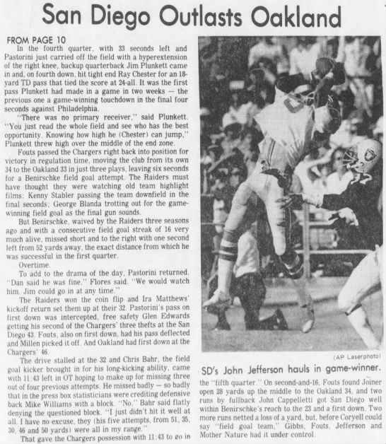 Chargers 30-24 Raiders, 15 Sep 1980 - 