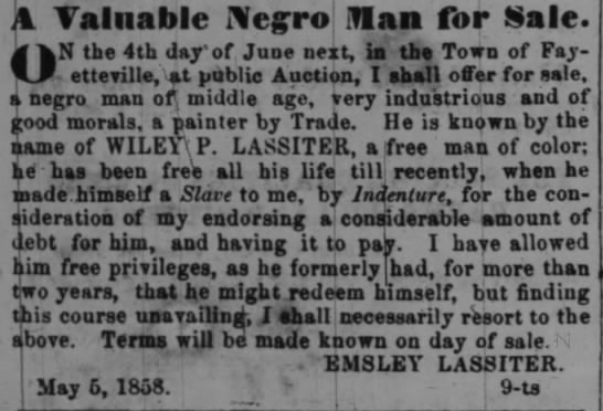 Notice of impending sale of Wiley P. Lassiter for debts by Emsley Lassiter, 5 May, 1858 - 