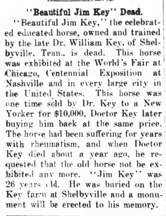 1912 obituary for Beautiful Jim Key, the "celebrated educated horse" - 