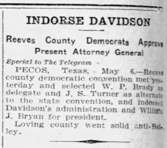 Indorse Davidson: Reeves County Democrats Approve Present Attorney General - 