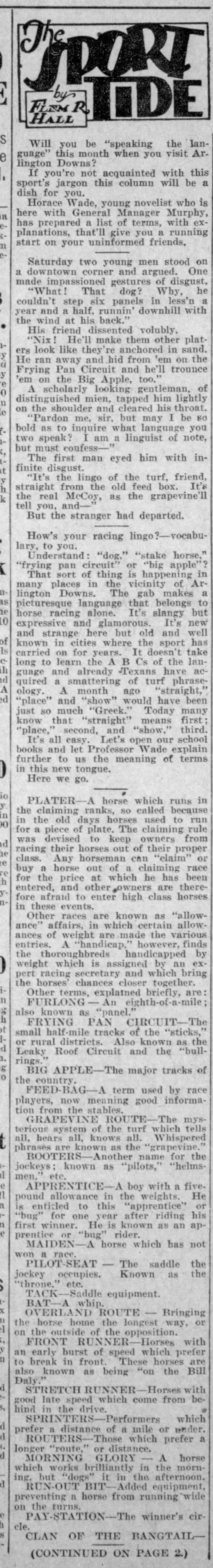 Horse racing slang lexicon, including "Big Apple" (1933). - 