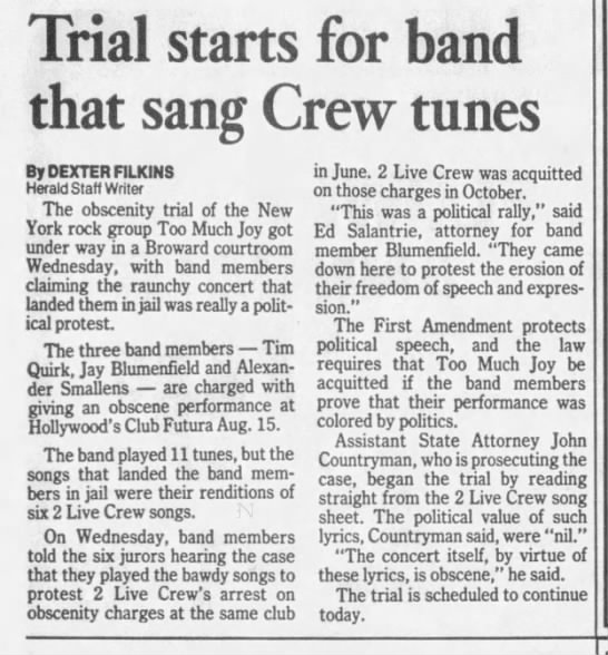"Trial starts for band that sang Crew tunes," Miami Herald, 17 Jan 1991 (Too Much Joy, 2 Live Crew) - 