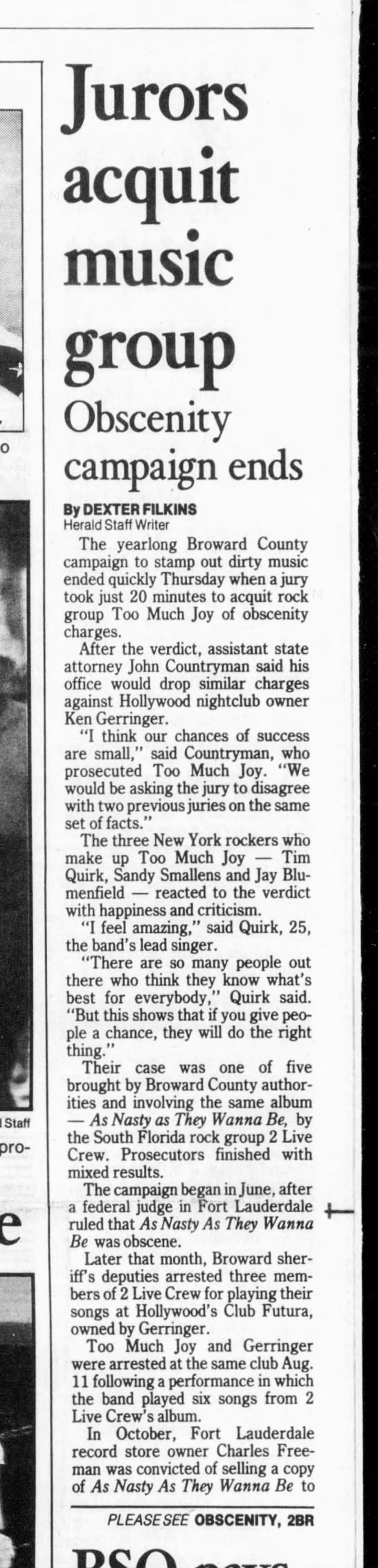Too Much Joy acquitted of obscenity for performing 2 Live Crew songs, Miami Herald, 18 Jan 1991 - 