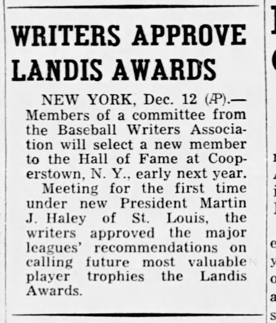 Landis named added to MVP Awards Dec 12 1944 - 