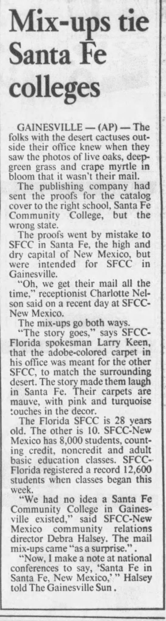 "Mix-ups tie Santa Fe colleges," Miami Herald, 30 Aug 1993. - 