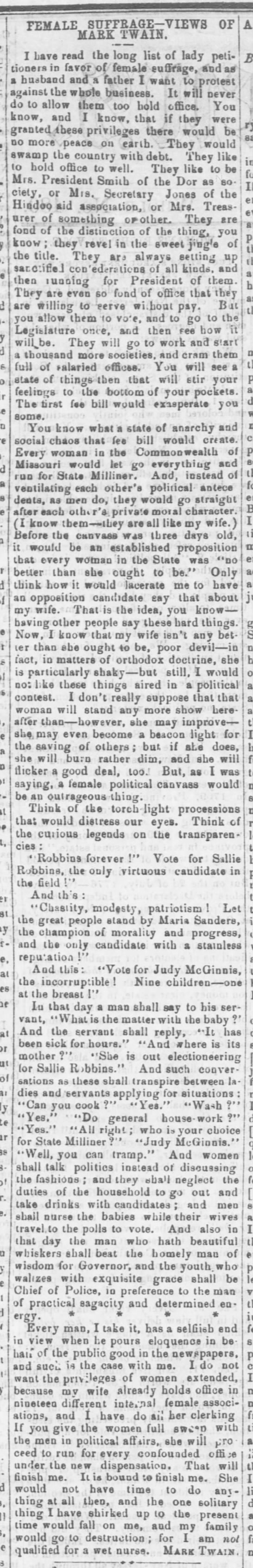 Mark Twain satire about women's suffrage from a 1867 newspaper - 