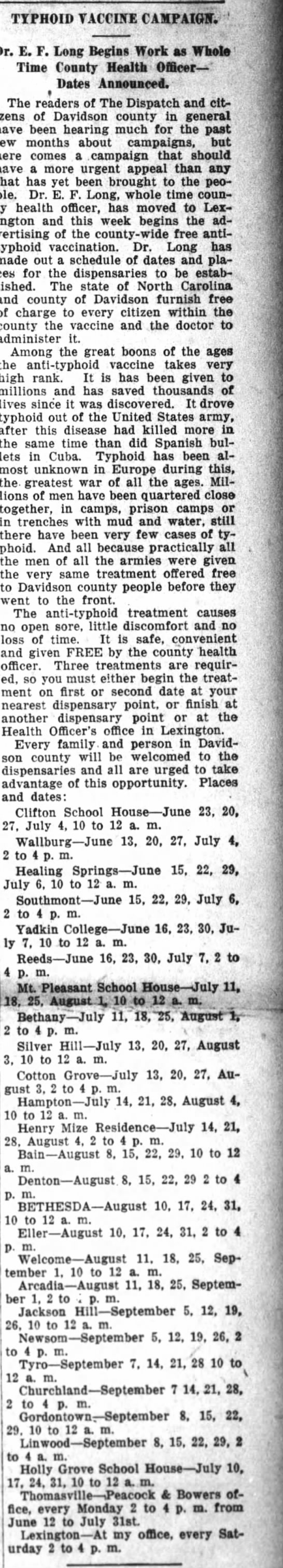 Typhoid Vaccine Campaign. The Dispatch. 7 June 1916 - 
