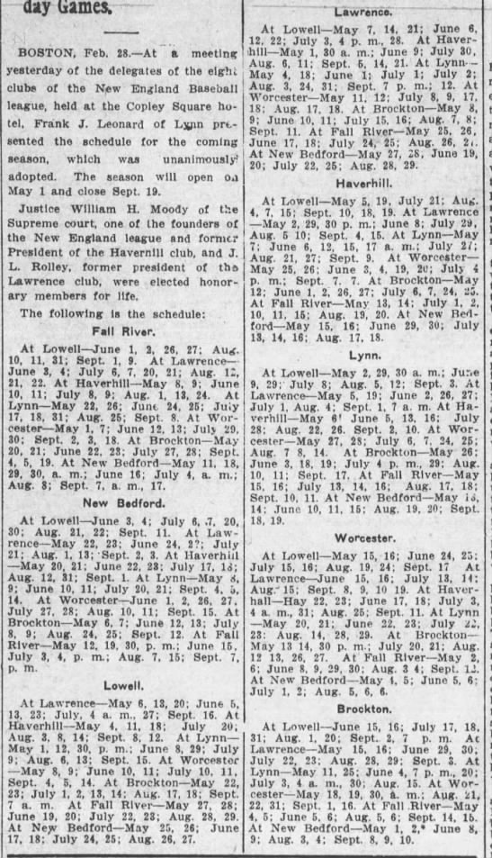 1908 New England League schedule - 