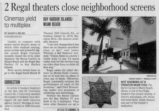 Bay Harbor and Byron-Carlyle cinemas closings - 
