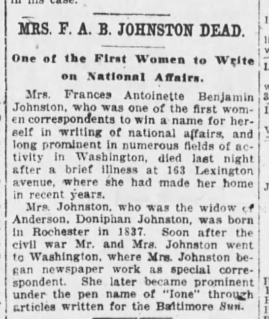 Pioneering Woman Journalist Frances Antoinette Benjamin Johnston dies - 