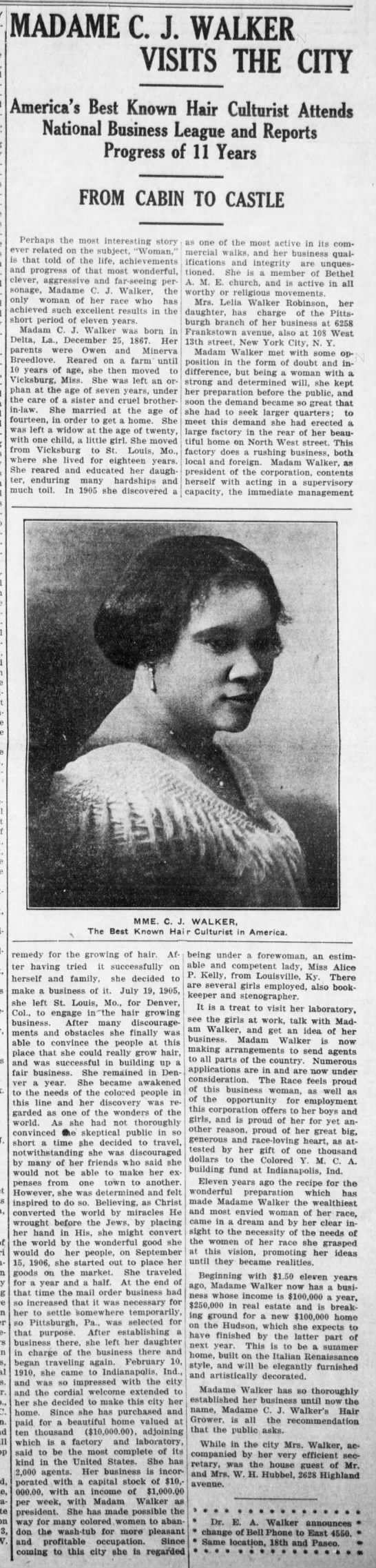 Biography of Madam C.J. Walker from 1916 with a picture - 