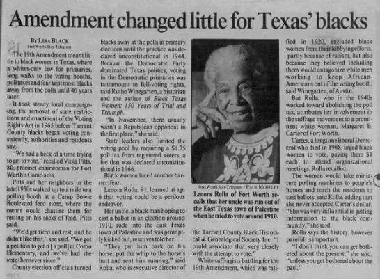 Article discussing how the 19th Amendment "changed little" for Black women in Texas - 