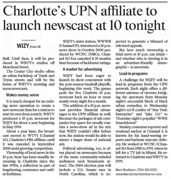 Charlotte's UPN affiliate to launch newscast at 10 tonight - 