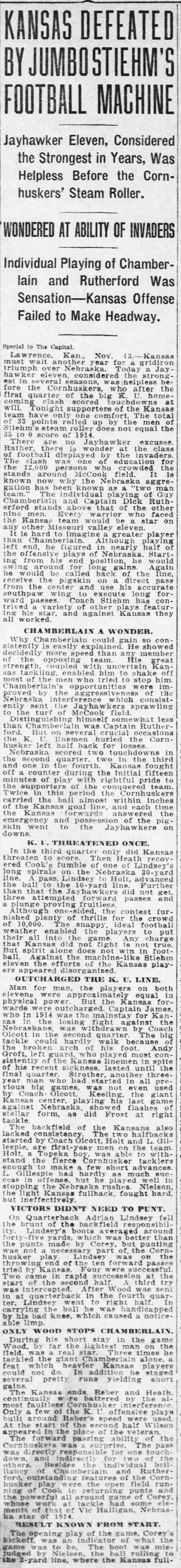 1915 Nebraska-Kansas football, Topeka Daily Capital, part 1 - 
