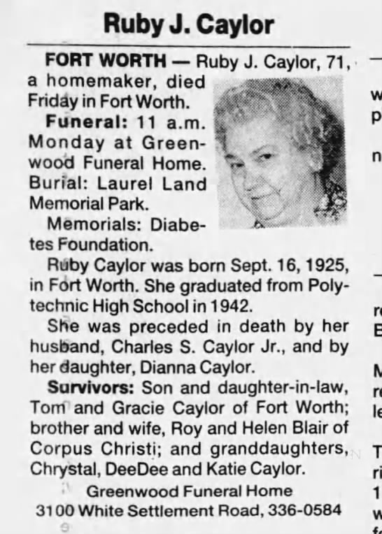 Obituary For Ruby Jewel Blair Caylor Fort Worth Star Telegram Nov 3 1996 Newspapers Com