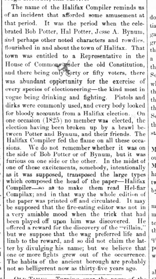 Article about Jesse Bynum and Robert Potter feud in in 1825 Halifax. - 