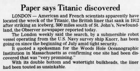 Paper says Titanic discovered - 