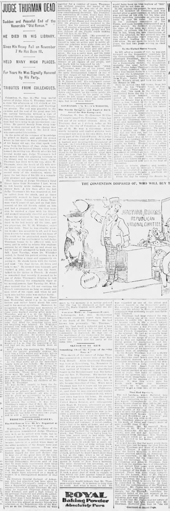 Judge Thurman Dead; 13 Dec 1895; The Kansas City Times; 1 - 