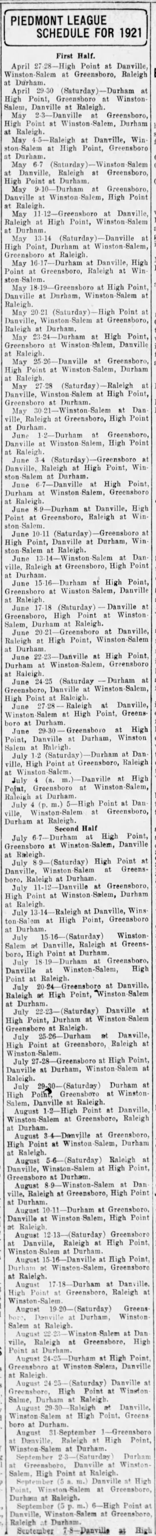 1921 Piedmont League schedule - 