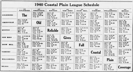1940 Coastal Plain League schedule - 